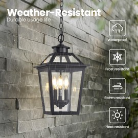Smeike Large Outdoor Pendant Light Fixtures 3-Light Black Exterior Hanging Lantern with Clear Glass Outside Chandelier for Porch Front Door House