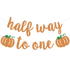Orange Glitter Half Way to One Banner, Pumpkin Themed Baby's Half Birthday Party Decorations, Autumn Fall Maple Leaves Baby Shower Baby's Half Birthday Party Decorations Sign