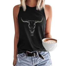 Summer Vintage Western Rodeo Cowboy Steer Skull Tank Tops for Women Casual Boho Cowgirl Boots Sleeveless Graphic Tees(NIU-D5,M)