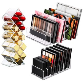 2Pcs Eyeshadow Palette Organiser, FHDUSRYO 7 Section Clear Acrylic Make up Palette Organiser with 1 Lipstick Holder, Makeup Storage Shelf Cosmetic Storage System for Beauty Blush Bathroom Dresser
