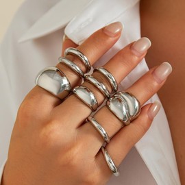 Chunky Gold Statement Rings for Women,Stackable Layered Metal Glossy Dome Croissant Knuckle Rings Set,Twisted Signet Band Jewelry Accessories (Silver)