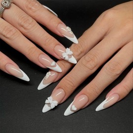 Hebterrka Pack of 24 5D Flower Nails, French Lace, Medium Almond Shaped Artificial Nails with Charms, Bows & Heart Designs for Girls