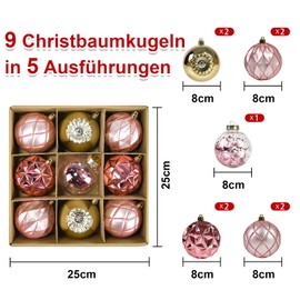 Beinhome 9pcs 8cm Christmas Baubles ornament set Christmas Tree Decorations, Large Pink and Gold Christmas Tree Baubles Shatterproof Plastic Hanging Ball Bulk for Xmas Home Party Festival Decor