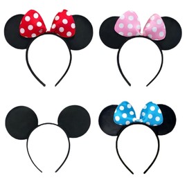 Xnovies 4PCS Mouse Ears Headbands, Black Red Pink Blue Bow Ears Headbands for Adults Women Birthday Themed Party Cosplay Novelty Accessories
