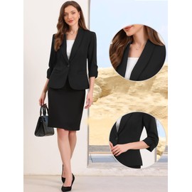 Allegra K Blazer for Women's Business Casual Suit Ruched 3/4 Sleeve Lapel Work Blazers with Pockets Small Black