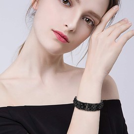 EVER FAITH Pulsera Elástica de Cristal Austriaco Redondo Elegante para Novia Mujer Boda Negro