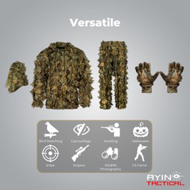 AYIN Ghillie Suit For Men, 3D Leaf Bush Gillie Suit Camo Turkey Hunting, Hooded Gillies (2XL/3XL, Autumn Brown)