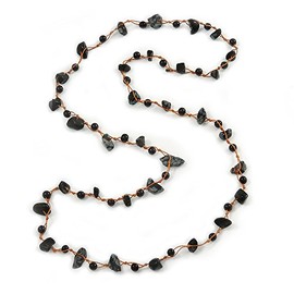 Avalaya Black Ceramic Bead, Grey Glass Nugget Orange Cotton Cord Long Necklace - 90cm L