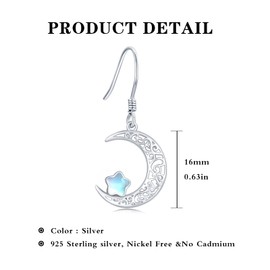 Celtic Moon Star Earrings for Women, 925 Sterling Silver Crescent Moon Dangle Drop Earrings with Moonstone Star Moon Earrings Jewellery Gift for Mom Daughter