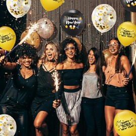 New Years Eve Decorations 2025 - Black and Gold Balloons,15Pcs 12 Inch Gold Black Latex Balloons 2025 Happy New Year Party Balloons for New Years Eve Party Supplies