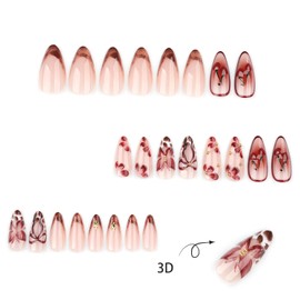 Flower Press on Nails Red Cherry & Butterfly False Nails with Designs Medium Almond Bow Fake Nail Full Cover Artificial Stick on Nails French Acrylic Nails for Women Manicure Kit 24 Pcs