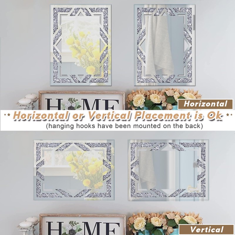 2 Piece Rectangular Hollow Crushed Diamond Decorative Mirror, Silver Crushed