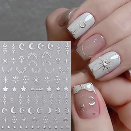 6Pcs Star Moon Nail Stickers 3D Self-Adhesive Star Moon Nail Art Stickers Christmas Nail Decals Silver Gold Star Moon Nail Design Charms for Women and Girls Nail Decoration Accessories
