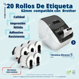 20 Rollos Etiquetas compatibles con Brother Dk2205 Ql700 Ql800 QL810 62mm 30 Mts Color Blanco INKO                                                    