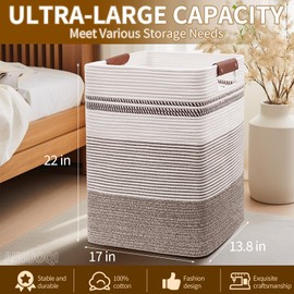 AINUOQI Laundry Hamper - Tall Woven Rope Laundry Basket - Clothes hamper with Leather Handles, 17.8" X 13.8" X 22", Blanket Storage Basket for Living Room, Rice Brown & White