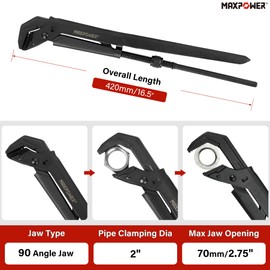 MAXPOWER Swedish Pipe Wrench, 16 1/2-Inch Adjustable Swedish Pipe Spanner Plumbers Wrench with 90°Angled Jaw, Jaw MAX Opening Capacity 2.75"