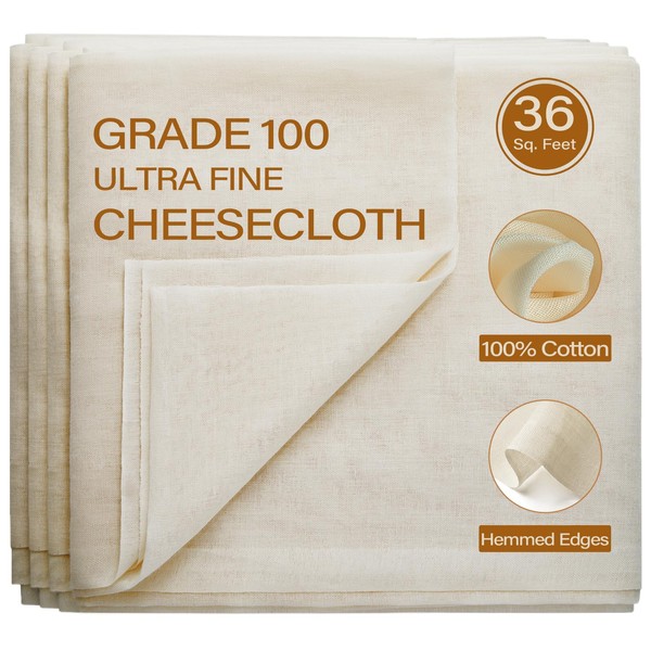 eFond Cheesecloth, 36 Square Feet Grade 100 Cheese Cloths for Straining Reusable, Washable, Lint Free and Ultra Fine Mesh Unbleached Pure Cotton Cheese Cloth Table Runner with Hemmed 2 Edges (4 Yards)