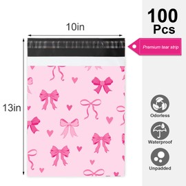 Whaline 100Pcs Pink Bow Poly Mailer 10 x 13 Inch Cute Bowknot Heavy-Duty Mailing Bag Coquette Self-Sealing Waterproof Plastic Packaging Envelope Bag for Small Business