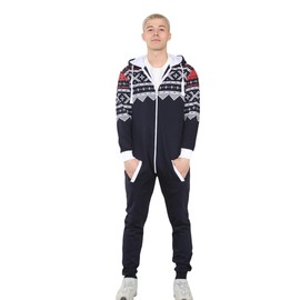 Grunge Wear® Mens Onesie Aztec Print Adult Jumpsuit All in One Piece Pajamas Unisex Nightwear (Navy, Medium)