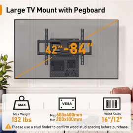 PERLEGEAR Full Motion TV Mount with Metal Pegboard for Most 42-84 inch Flat or Curved TVs up to 132 lbs, TV Wall Mount with Swivel & Tool-Free Tilt, Max VESA 600x400mm, Fits 12″/16″ Wood Studs, PGLF17