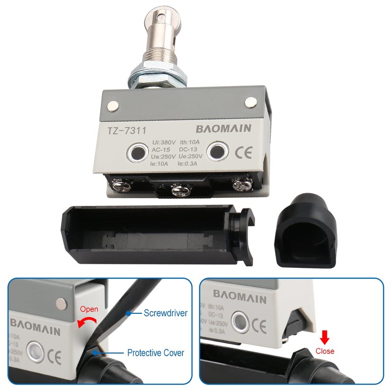 BAOMAIN Limit Switch TZ-7311, Panel Mount Roller Plunger Actuator, 1NO+1NC