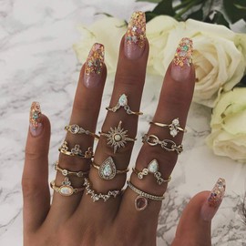 CSIYAN 9-15 Pieces Stackable Knuckle Ring Set Boho Vintage Crystal Stacking Midi Finger Rings for Women
