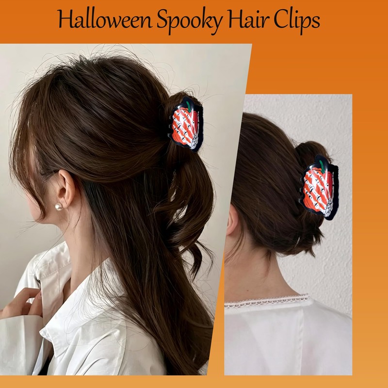 Halloween Skeleton Hand & Pumpkin Hair Claw Clips for Half