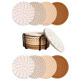 Osvela Drink Coasters with Holder, 4 Colors Absorbent Coasters for Drinks, Boho Coasters Cup Coasters Cotton Woven Set Coasters for Coffee Table Home Decor Tabletop Protection
