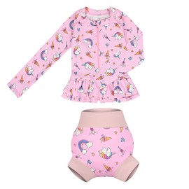 MOEMOE BABY Bade-Set, Zweiteilig Badeanzug Baby Mädchen, UV-Schutz Rash-Guard-Set, Badebekleidung mit Langarm Schwimmshirt und schwimmwindeln M