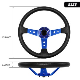 QYMOPAY Drifting Deep Dish Racing Steering Wheel, 6 Bolt Anti-Slip Leather and Aluminum Gaming Wheel with Horn Button for Car Sim/JDM Sports Steering (Blue)