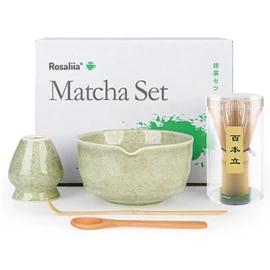 Matcha Whisk Set, Japanese Tea Set Includes Matcha Bowl with Spout, Matcha Whisk Holder, Bamboo Matcha Whisk and Bamboo Scoop, 17 oz Mottled Tea Green Glaze Ceramic Matcha Kit for Tea Lovers (Green)