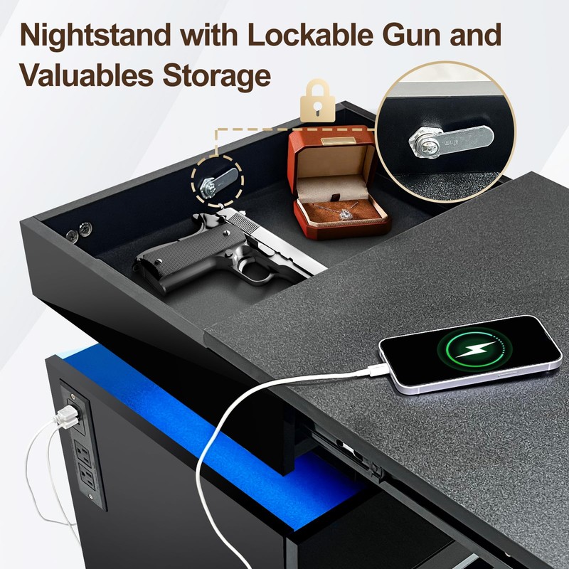 POVUD Night Stand with Gun Drawer, Modern Nightstand with Led