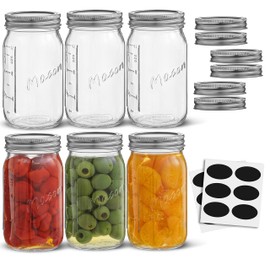 JoyJolt 16 Oz Mason Jars With Lids, Labels and Measures! 6-Pack Regular Mouth Mason Jars, Glass Jar with Lid and Band. Airtight Canning Jars, Overnight Oats Jars, Salad Jars, Sourdough Starter Jar