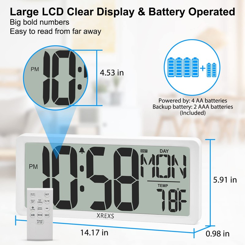 XREXS Digital Wall Clock with Backlight (Not Constantly Illuminated), 14.17