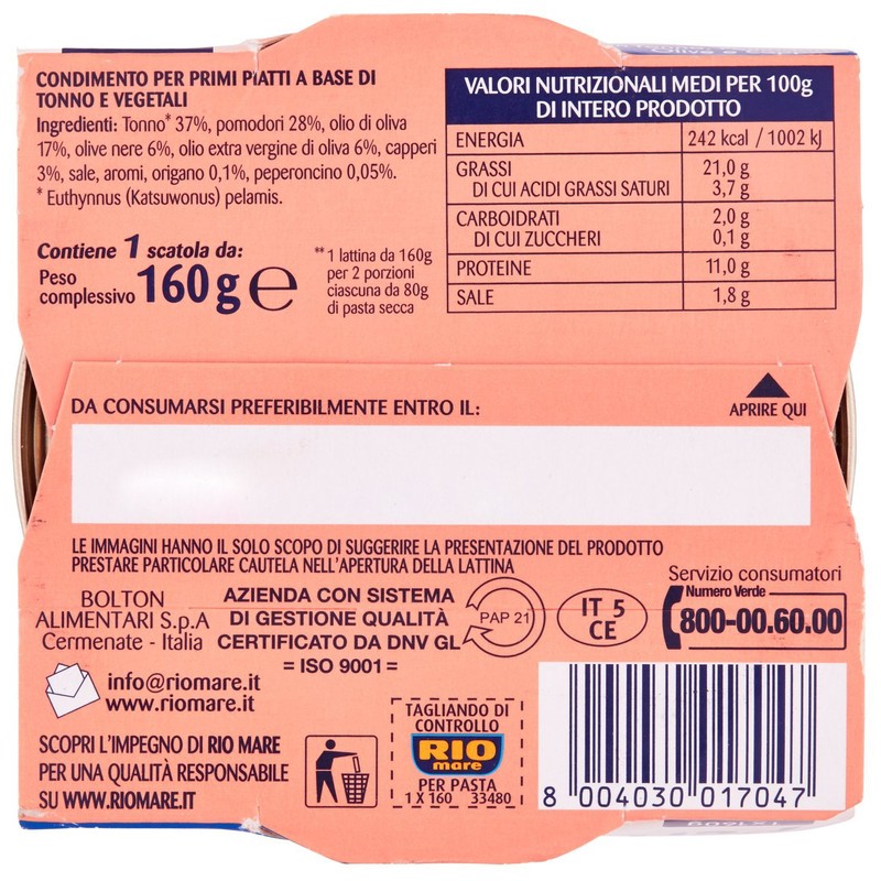 Rio Mare Condimento per Pasta Puttanesca con Tonno, 160g