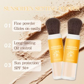 2 Pcs Power Sunscreen for Face SPF 50+ - Mineral Sunscreen Powder for Face with Setting Powder Brush - Travel Beach Vacation Essentials - Brush-On Sun screen, Sun Defense, Oil Control