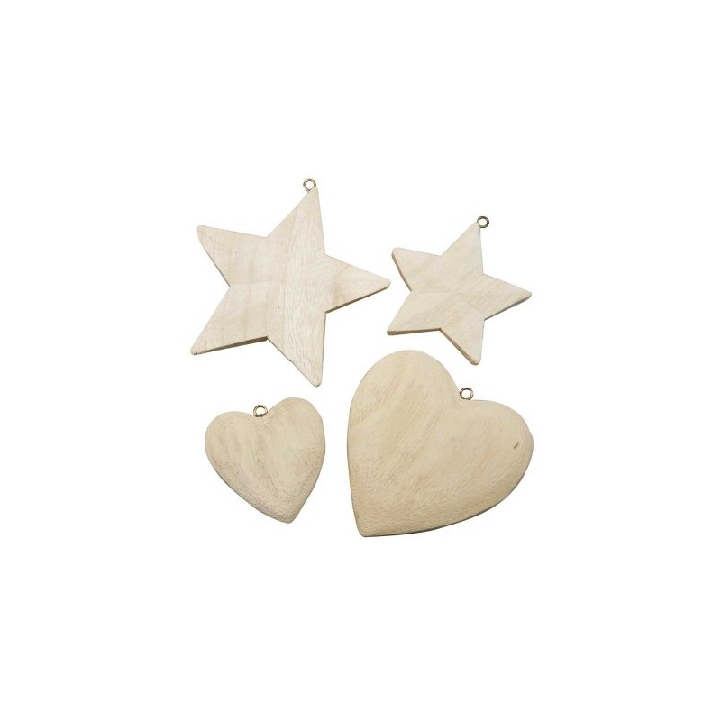 Creativ 100263 Wooden Hearts and Stars 3D Shapes 4 Assorted,