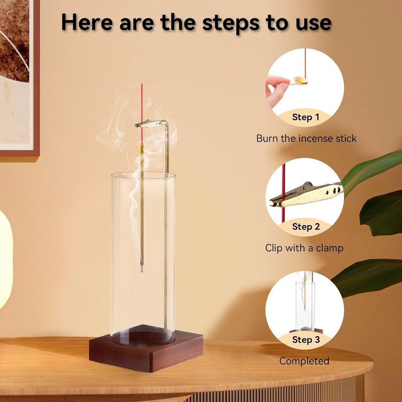 Incense Holder, Wooden Incense Holder for Sticks with Glass Ash