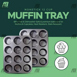 AIBULO 12 Cup Muffin Tray Nonstick, Durable Carbon Steel Baking Tray for Muffins, Cupcakes, Yorkshire Pudding & More