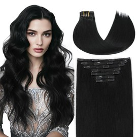 Youngsmile Clip in Hair Extensions Real Human Hair, Thick End Human Hair Clip in Real Hair Extensions,160Gram 7 pcs 22 Inch, #1 Jet Black, Easy to Install Full Head (7C#1-22Inch)