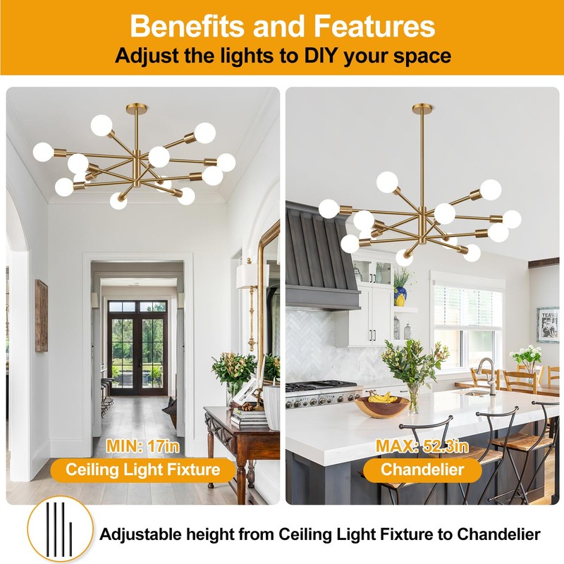 Sputnik Chandeliers Dining Room Light Fixture (12-Light, 33-Inch), Modern Brass