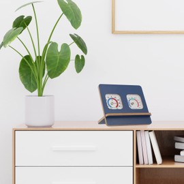 Lantelme Combination Thermometer Hygrometer Analogue with Wooden Stand in Blue Precise Temperature and Humidity Monitoring Modern Design for Indoor and Outdoor Use