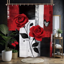 Miyotaa - Juego de cortinas de ducha abstractas de color negro y rojo rosa de 60 pulgadas de ancho x 71 pulgadas de alto, diseño minimalista de pinceles, para pintura, arte impermeable, con 12 ganchos