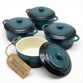 Kook Ceramic Mini Cocotte Set, Small Casserole Dishes with Lids and Handles, Individual Baking Ramekins, Oven, Microwave & Dishwasher Safe, Stoneware, 12 oz, Set of 4 (Stone Ombre)