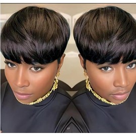 HOTKIS Short Pixie Cut Human Hair Wigs for Black Women Short Wigs Human Hair Natural Look Non-Lace Pre Styled Wig Short Bob Wigs Natural Black Color