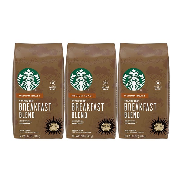 Starbucks Breakfast Blend Coffee (Medium), Whole Bean, 12-Ounce Bags (Pack of 3)