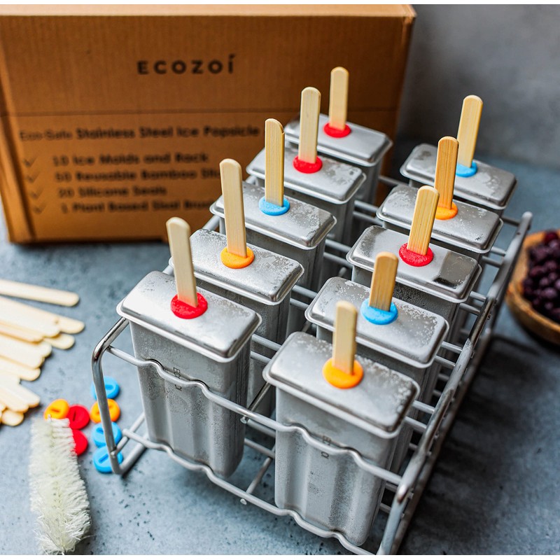 ecozoi Stainless Steel Popsicle Molds and Rack - 10 Square