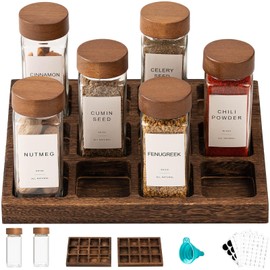 Yangbaga 24Pcs Spice Jars Glass Empty with set of 2 Rack 4oz spice jars with labels & Wooden Airtight Lids, Empty Square Spice Bottles for Stove Top &Countertop,Seasoning Storage Bottles for Rack