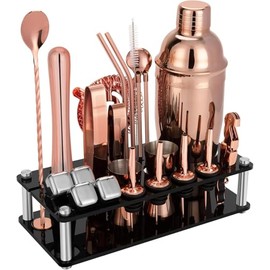 Mixology Bartender Kit – 24 Piece Rose Gold Cocktail Shaker Set w/Stand – Essential Home Bar Accessories Martini Shaker, Jigger, Muddler, Chilling Cubes & More