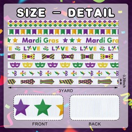 Mardi Gras Ribbon Set, 8 Pcs 3/8 Inch x 3 Yards Each, Masks Fleur De Lis Love Pattern Grosgrain Ribbons for Masquerade Party Decoration, Purple Green Gold Festival Theme, Craft Supplies Gift Wrapping